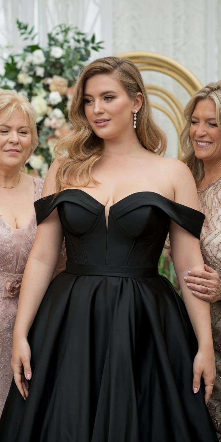 Elegant plus size black off-the-shoulder wedding gown with subtle jewel accents