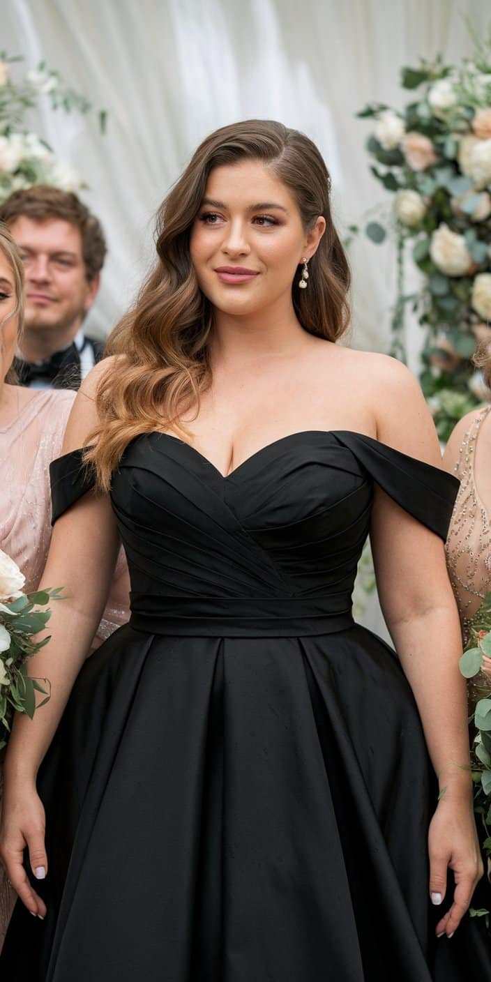 Charming plus size black off-the-shoulder wedding dress with romantic silhouette and updo