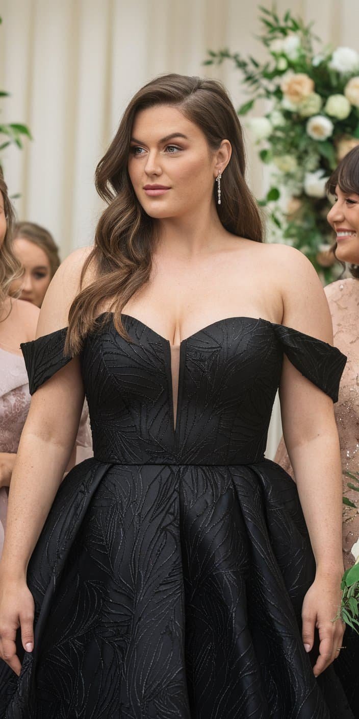 Graceful plus size black off-the-shoulder wedding dress highlighting elegant neckline