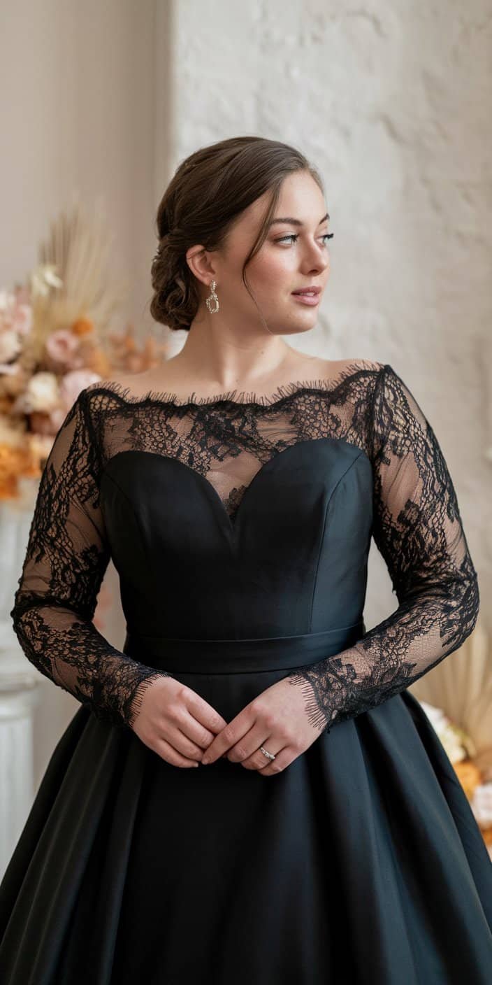 Sophisticated plus size black wedding dress with long lace sleeves and soft updo
