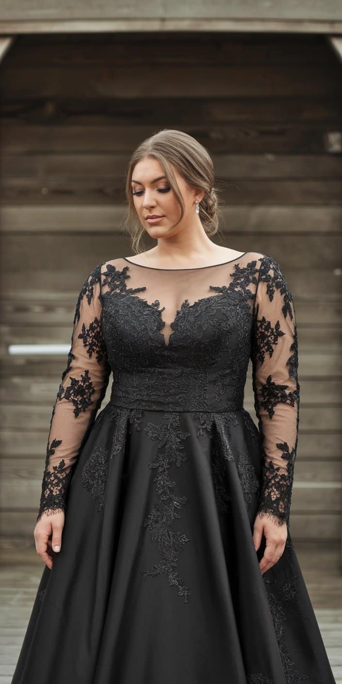 Charming plus size black lace sleeve wedding dress with romantic, modern design