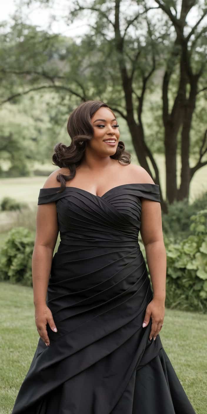 Sophisticated plus size black wedding dress with ruched bodice and graceful poise