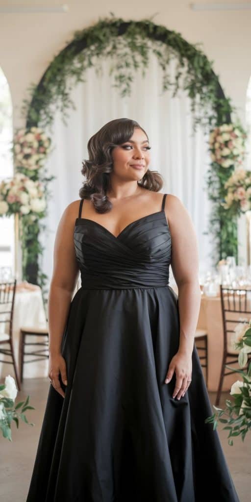 Stylish plus size black wedding dress featuring ruched bodice to elongate silhouette
