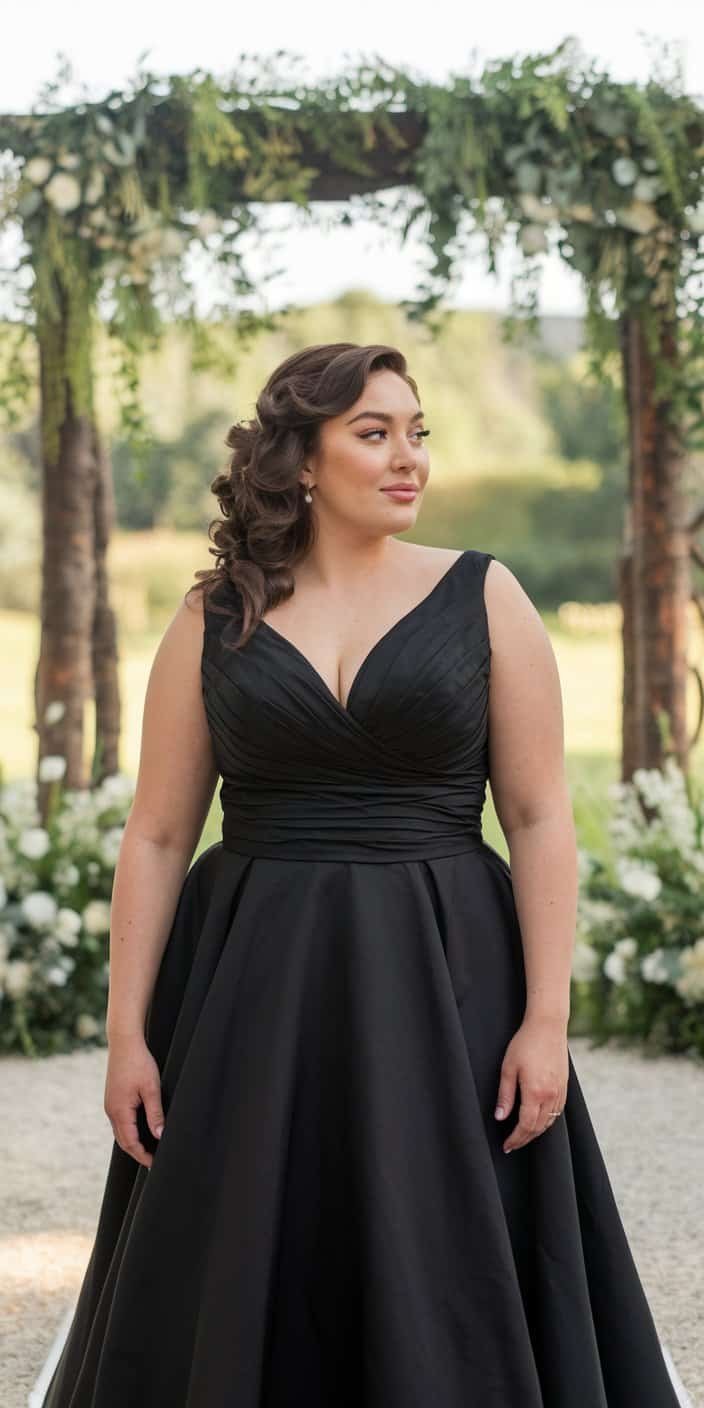 Elegant Plus Size Black Wedding Dress with Ruched Bodice, shaping midsection beautifully