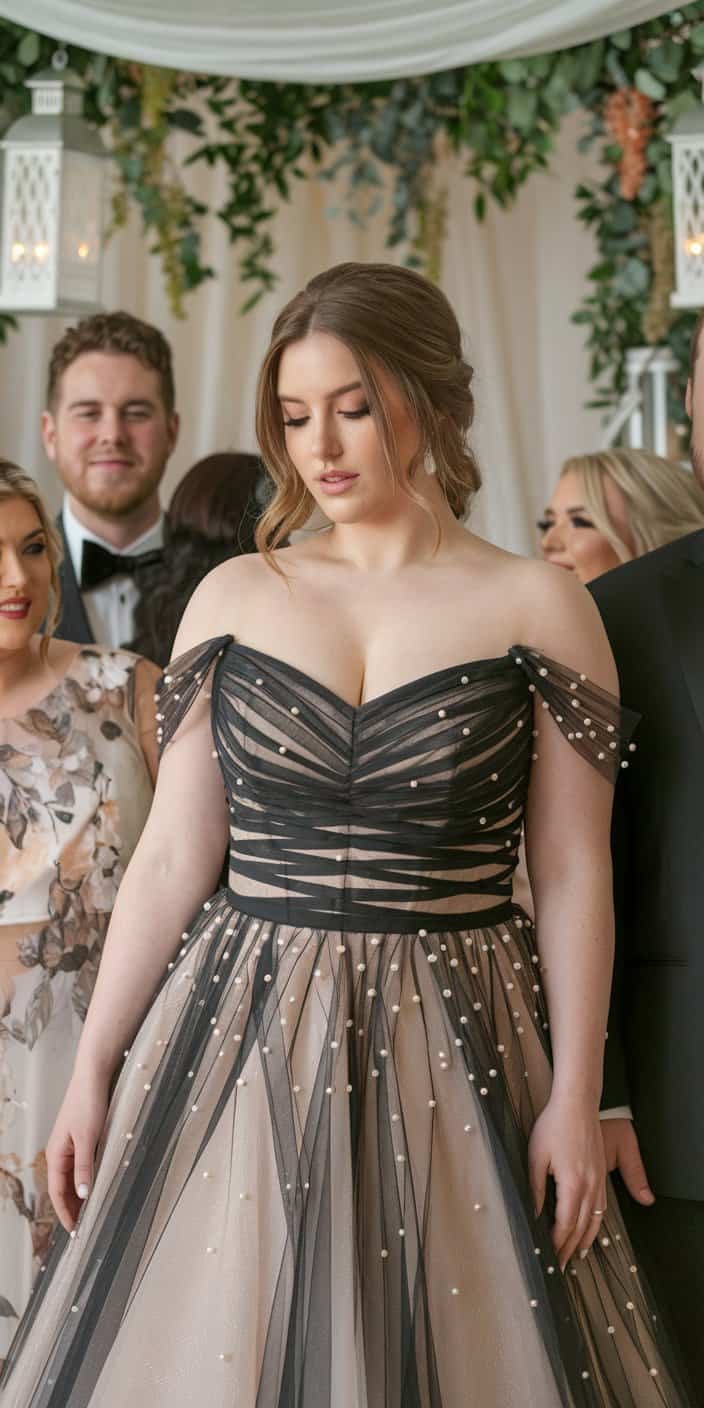Romantic plus size black off-the-shoulder wedding dress framing collarbones beautifully