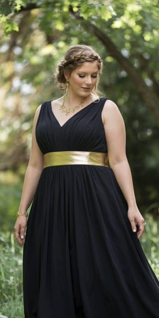 Regal plus size black empire waist wedding gown with flowing fabric and braided hairstyle