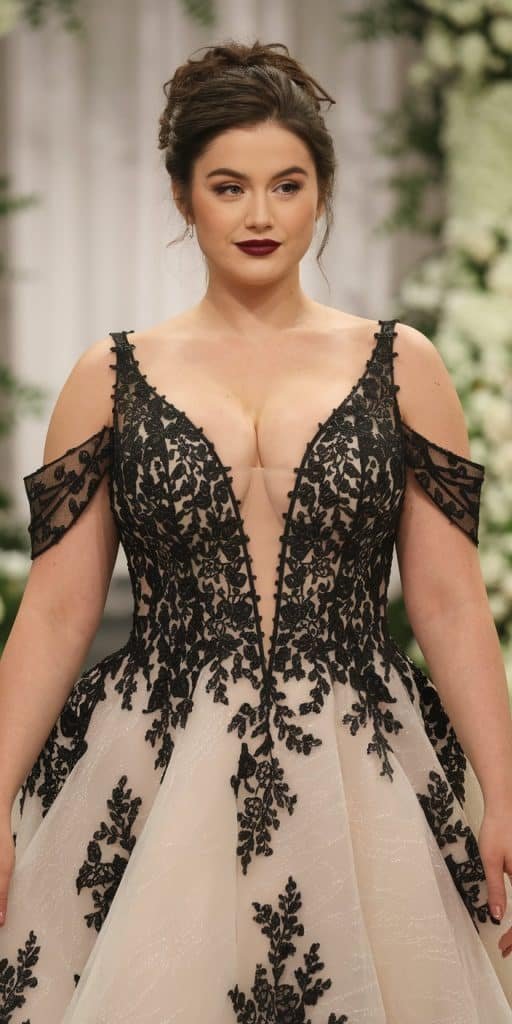 Bold plus size black wedding dress with plunging neckline and confident style