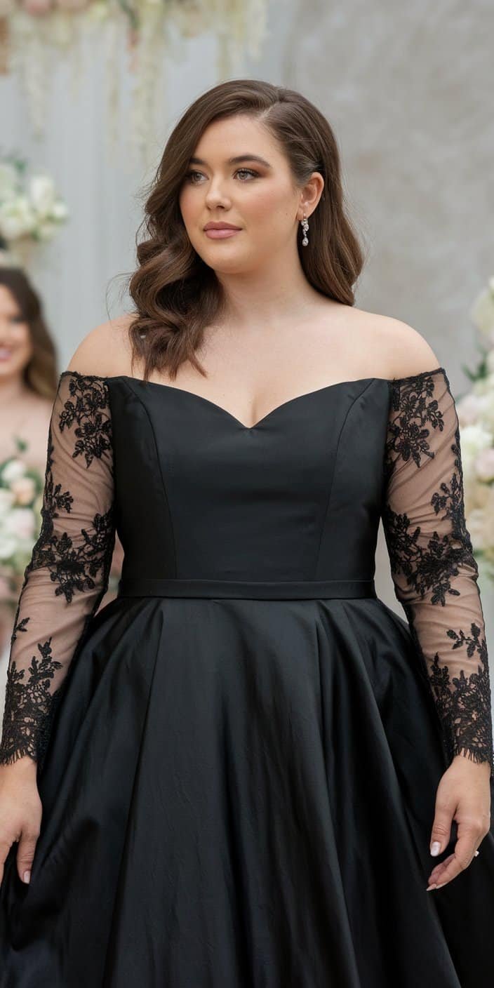 Sophisticated plus size black wedding dress with A-line shape and romantic lace details