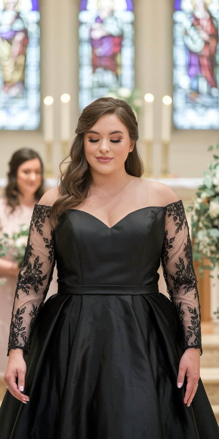 Graceful plus size black A-line wedding gown with sweetheart neckline and lace sleeves