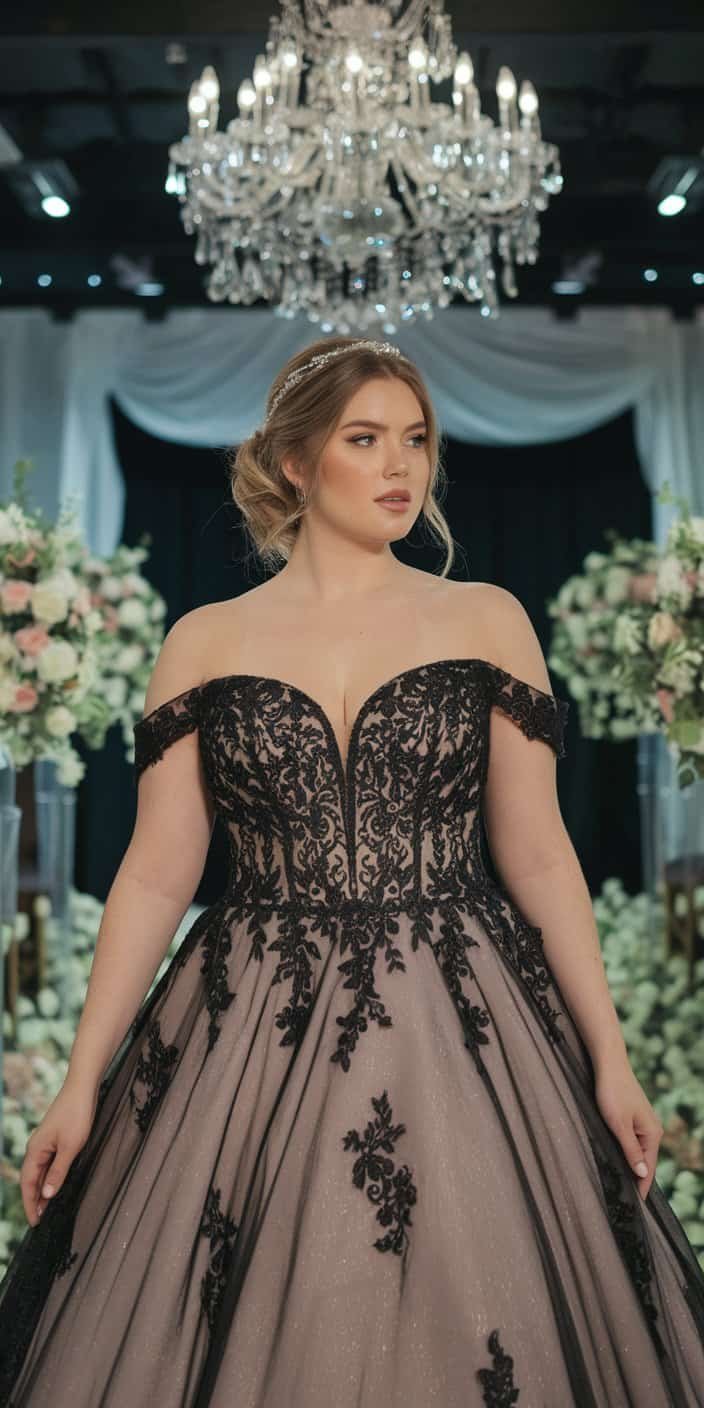 Chic and classy Plus Size Black Wedding Dress, emphasizing luxury and simplicity.