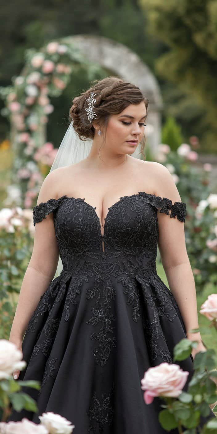 Sleek Plus Size Black Wedding Dress Minimalist style with high-quality silk fabric.
