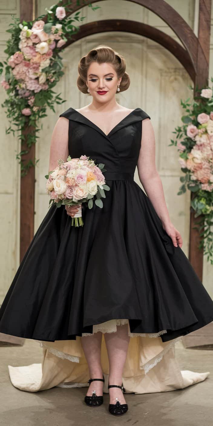 Timeless plus size black wedding dress with tea-length style and classic victory rolls