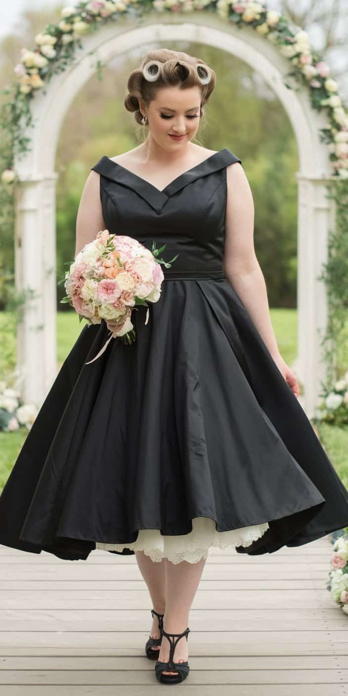 Fun plus size black tea-length wedding dress with retro charm and pastel bouquet