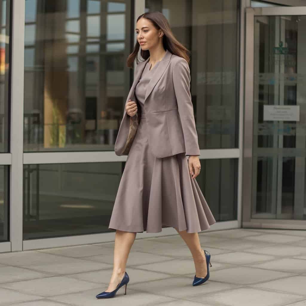 Fit and Flare Midi Dress styled with a blazer for a professional office outfit or casual evening meal