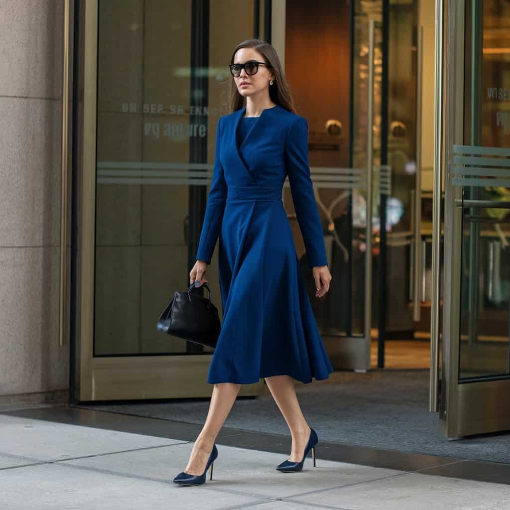 Model wearing a Midi Length Fit and Flare Dress, perfect for office meetings or casual evening dinners