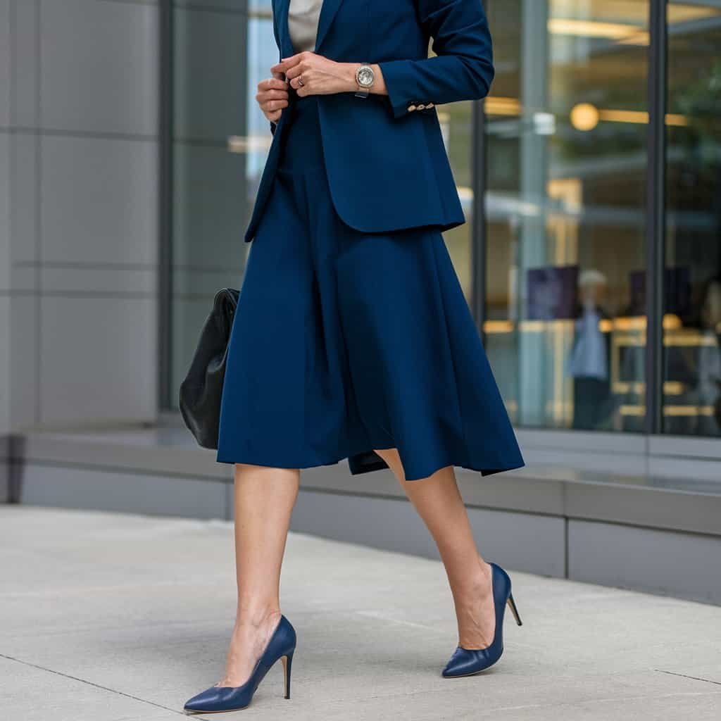 Elegant Midi Length Fit and Flare Dress paired with ankle boots for a sophisticated, stylish office look.