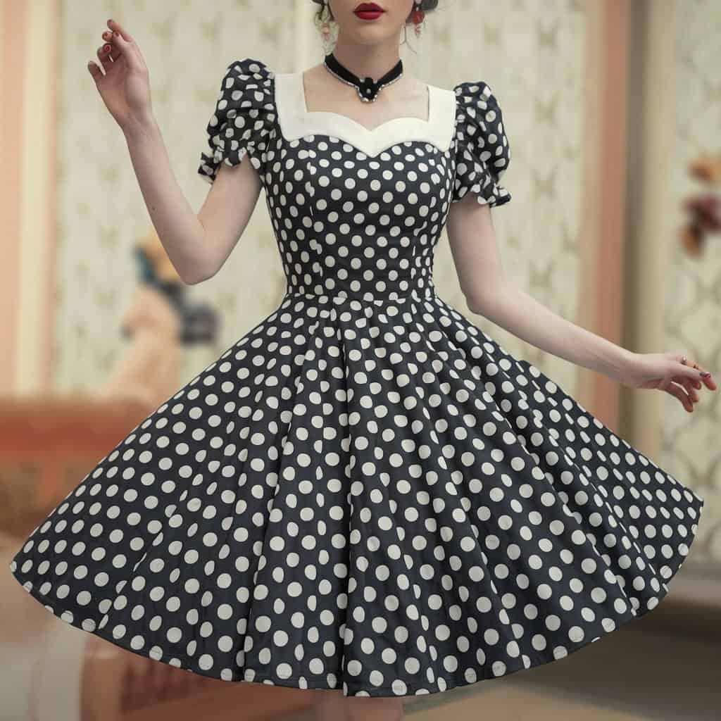 Black and white polka dots on Retro Polka Dot Charm Flare Dress for a quirky vintage look