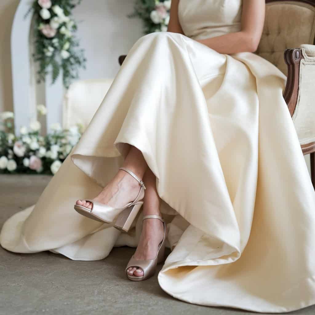 Bride posing in Peep-Toe Comfort Heels with a modest heel – Comfortable Wedding Shoes for style and ease.