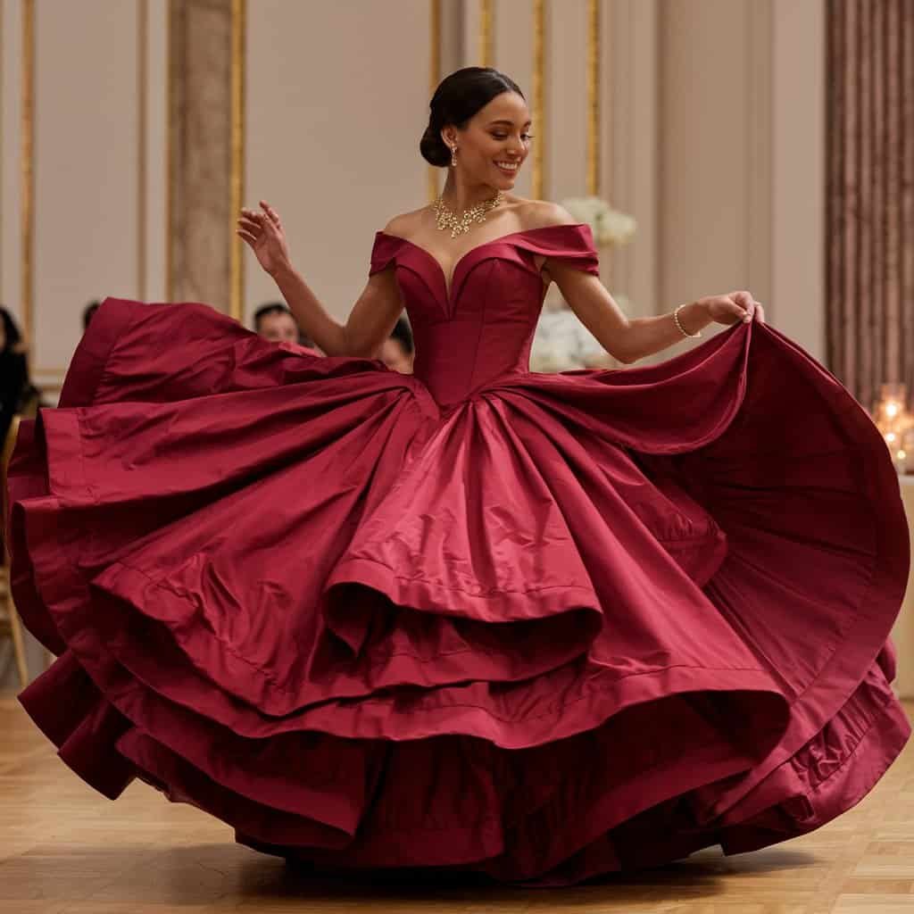 Elegant bride wearing a classic crimson ball gown, perfect for formal red wedding dresses at grand venues.