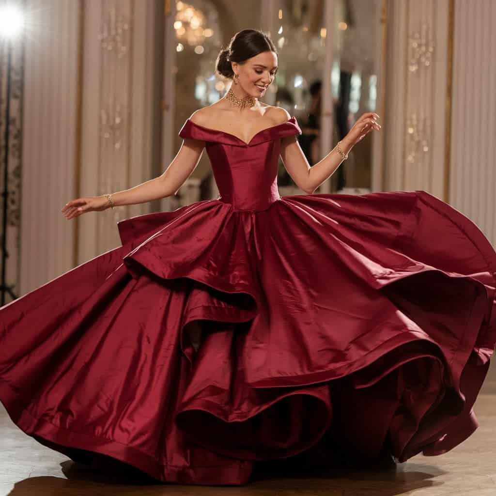 Royal-inspired red wedding dress featuring layers of silk taffeta, ideal for a bold and regal bridal look.