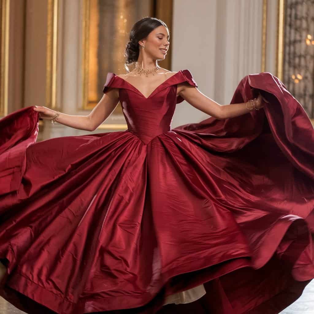 Hourglass figure highlighted by a crimson ball gown, a standout choice among red wedding dresses.