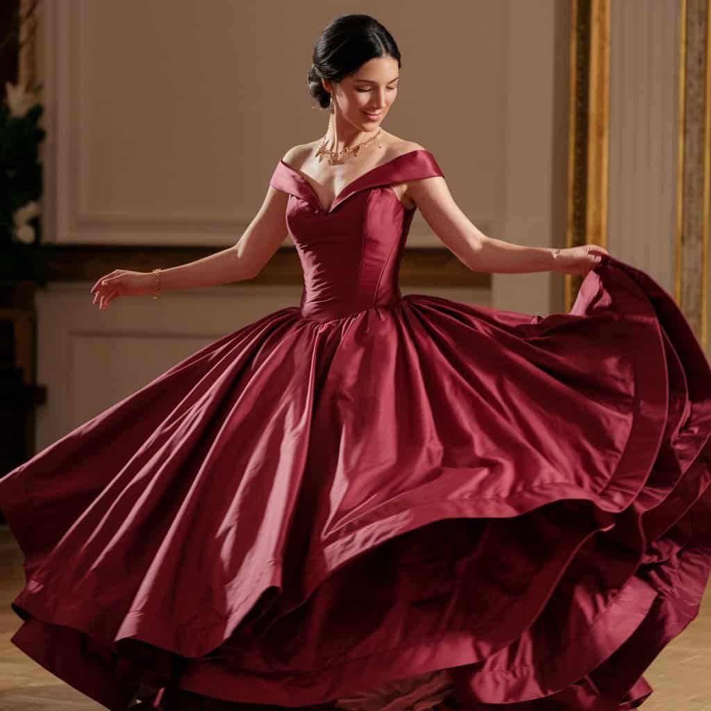 Bride in a luxurious crimson ball gown accessorized with gold, epitomizing elegance in red wedding dresses.