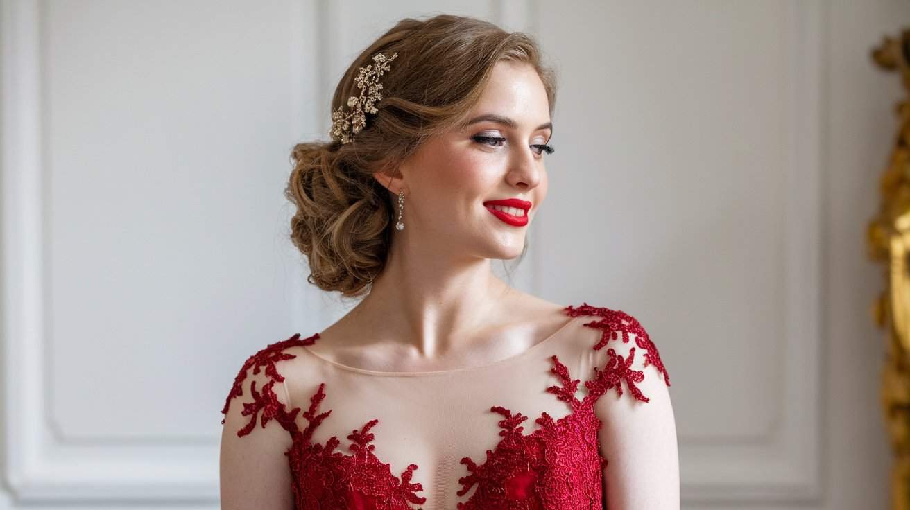 Regal bride in a gold-embroidered burgundy ball gown, a standout from 10 stunning red wedding dresses breaking tradition.