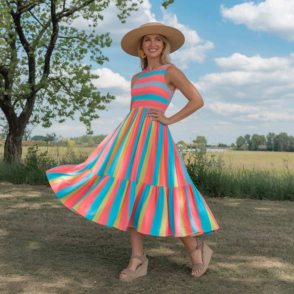 Bright and colorful Bold Striped Wonder Flare Dress styled for summer picnics and outdoor events