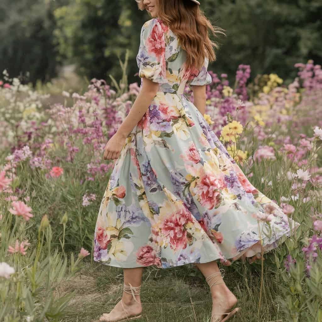 Close-up of Floral Delight Flare Dress showing detailed floral designs on A-line silhouette