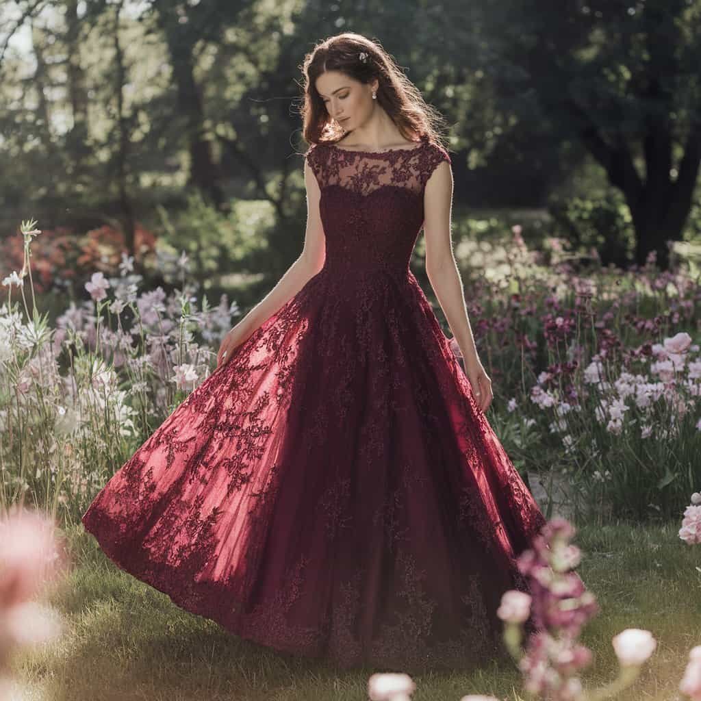 Bride walking down a garden aisle in a burgundy lace A-line red wedding dress, radiating romantic elegance.