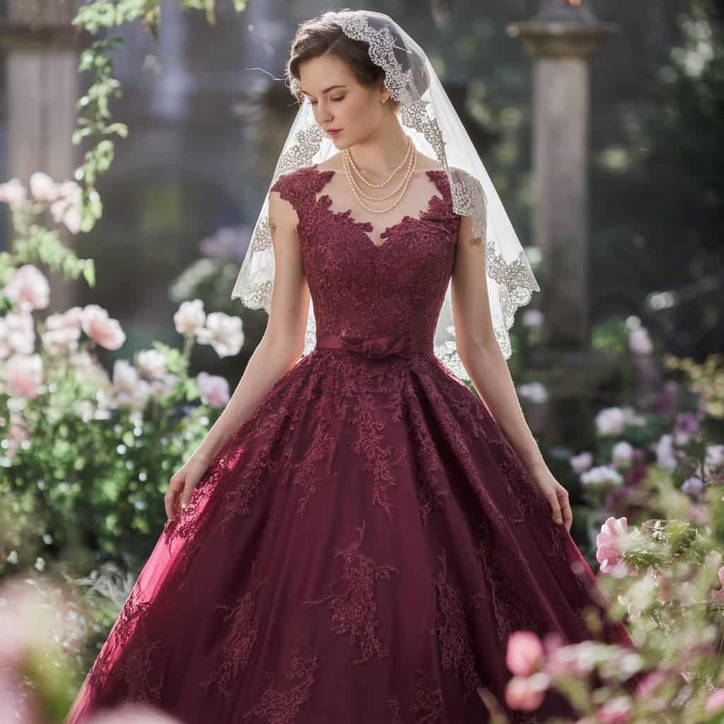 Burgundy lace A-line red wedding dress flowing gracefully in an outdoor ceremony setting.
