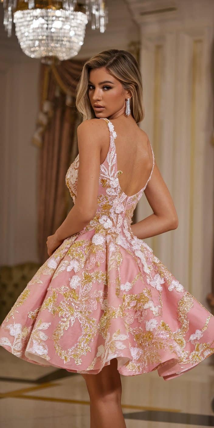A captivating photo titled "10 Latest Prom Dresses for a Show-Stopping Look" set against an enchanting backdrop of an elegant ballroom
