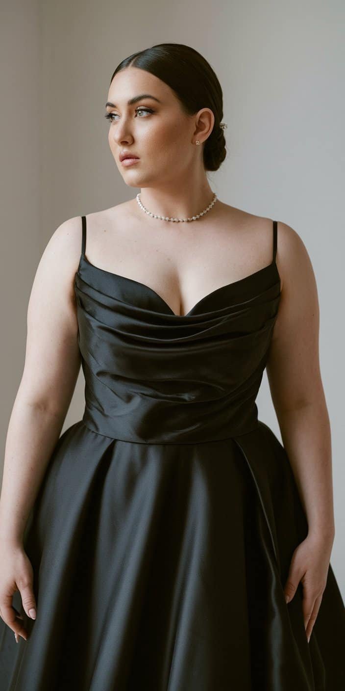 Sophisticated plus size black minimalist wedding gown with high-quality fabric and chic silhouette