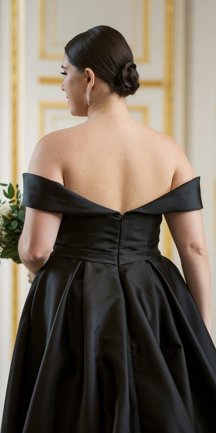 Bold and elegant plus size black backless wedding dress with classic updo