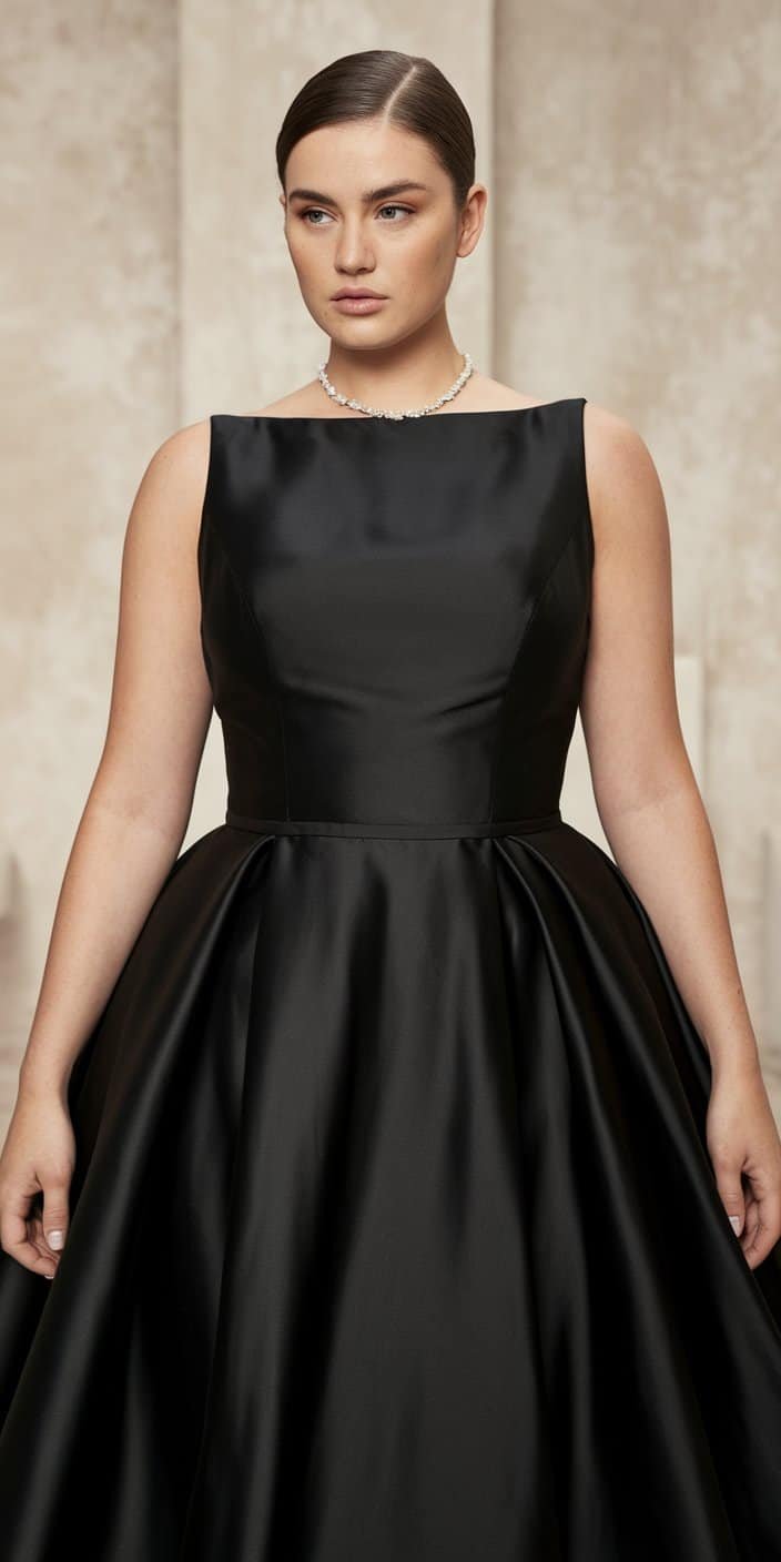 Elegant plus size black silk wedding dress with simple necklace and refined updo