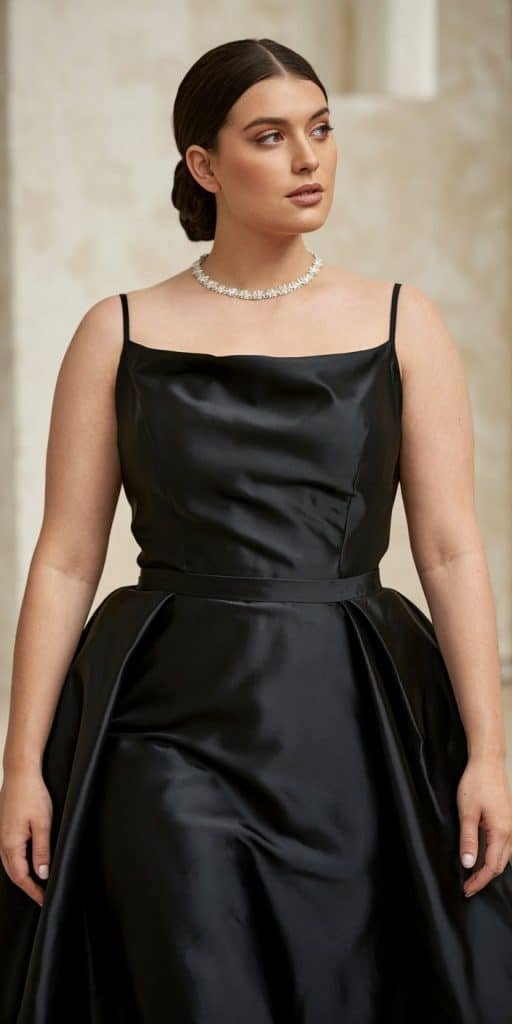 Sleek plus size black wedding dress with minimalist chic design and simple accessories