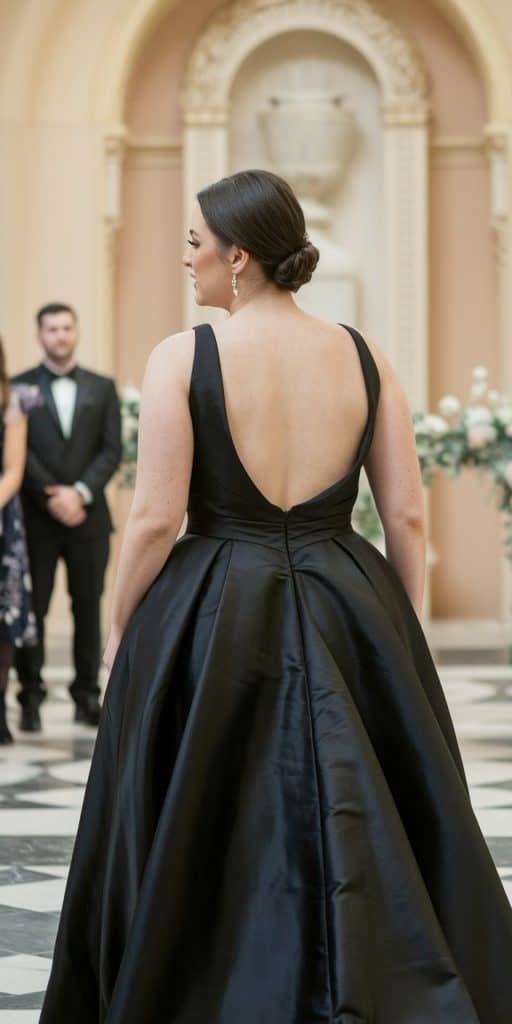Sophisticated plus size black wedding dress with bold backless design