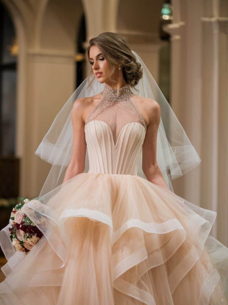 Romantic high-neck ballgown wedding dress with a fitted bodice, dramatic tulle skirt, and enchanting sparkling neckline