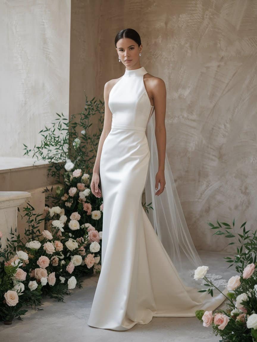 Modern high-neck wedding dress featuring a fitted bodice and elegant sweep train for a refined and sophisticated look