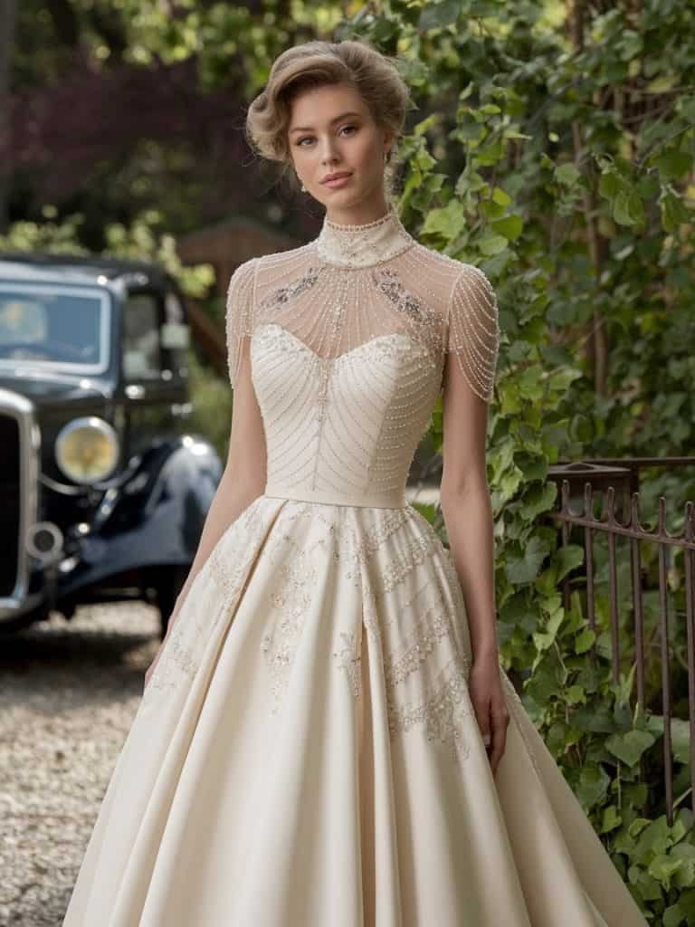 Classic vintage-style high-neck wedding dress with intricate lace details and a sheath silhouette, ideal for a nostalgic wedding