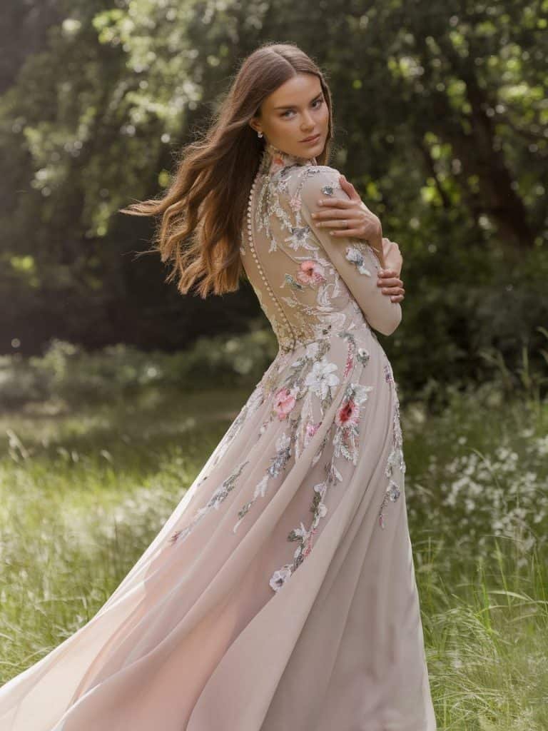 Dreamy high-neck wedding dress with flowing chiffon and floral embroidery, perfect for a romantic bohemian wedding