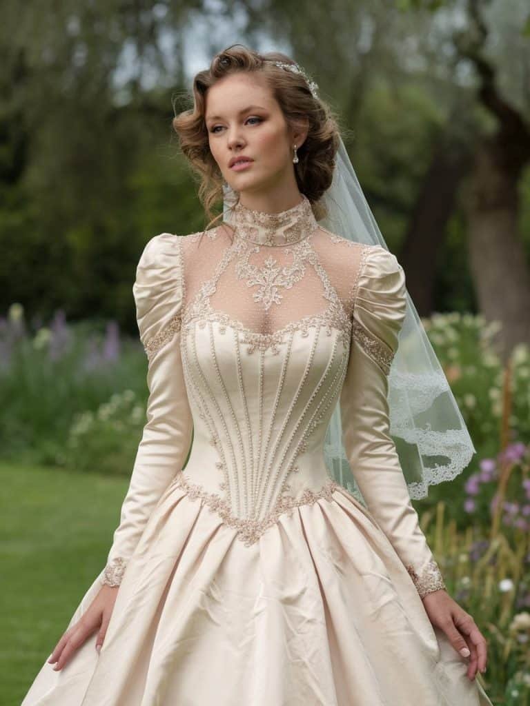 Elegant high-neck wedding dress with vintage lace and beading, designed for a sophisticated vintage-themed celebration