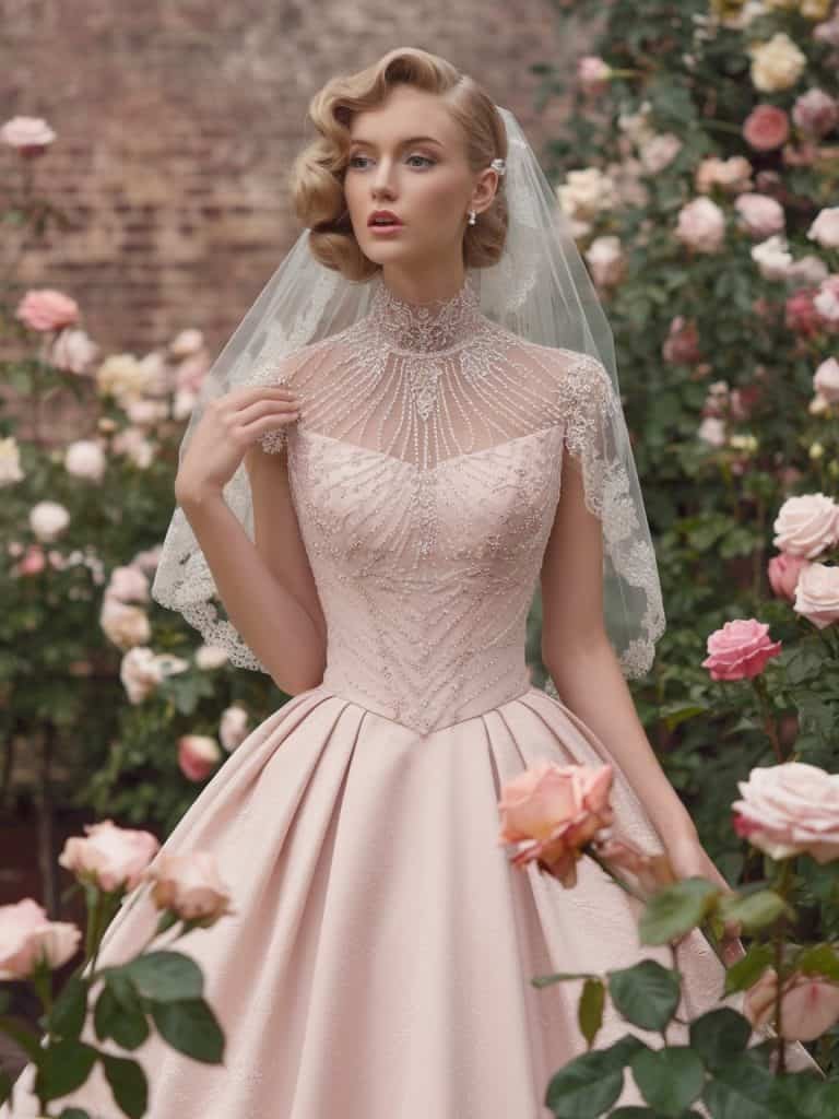 High-neck vintage wedding dress featuring a sheath silhouette and luxurious beadwork for a glamorous, timeless appearance.