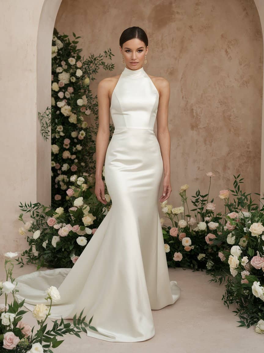 Stylish high-neck wedding dress with minimalistic design, perfect for formal and modern weddings.