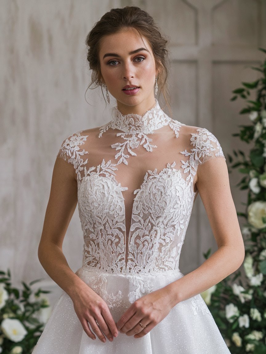 Elegant high-neck wedding dress with a fitted bodice and lace embellishments, ideal for a timeless bridal look