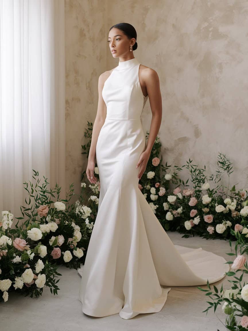 High-neck satin wedding dress with a structured fit, showcasing a modern and elegant silhouette for a chic bride