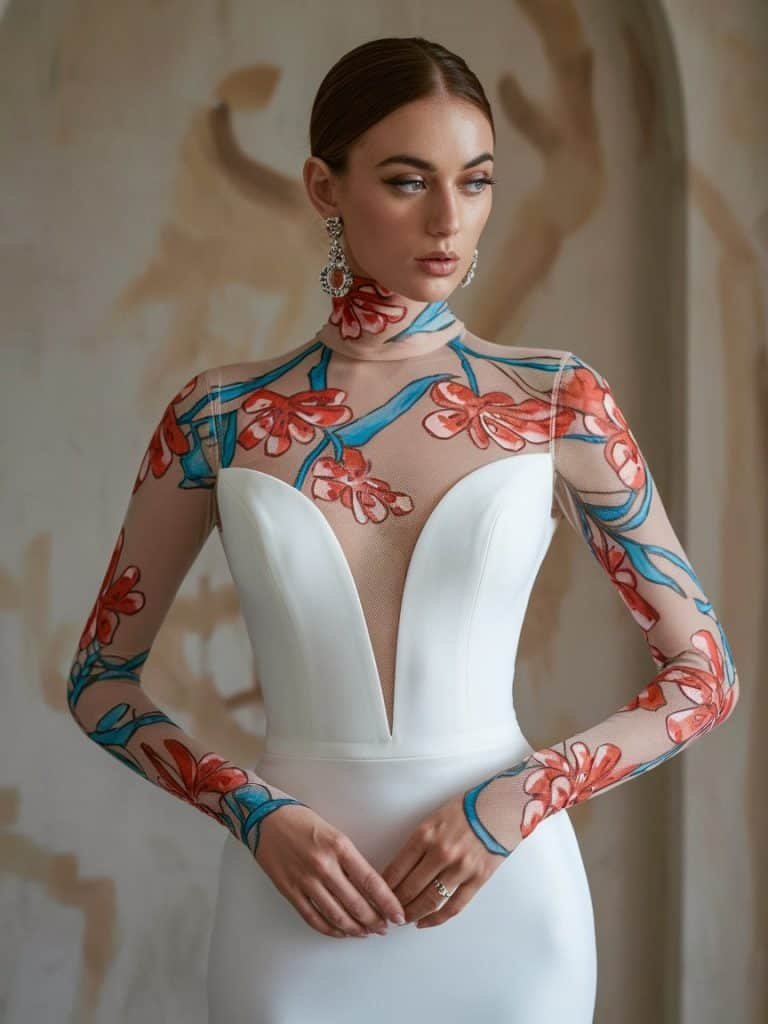 High-neck wedding dress with bespoke hand-painted details, perfect for brides seeking a custom, artistic bridal gown