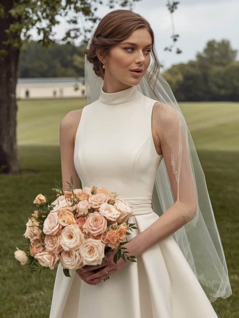 Elegant high-neck A-line wedding dress with subtle pleats for movement, perfect for both traditional and modern weddings
