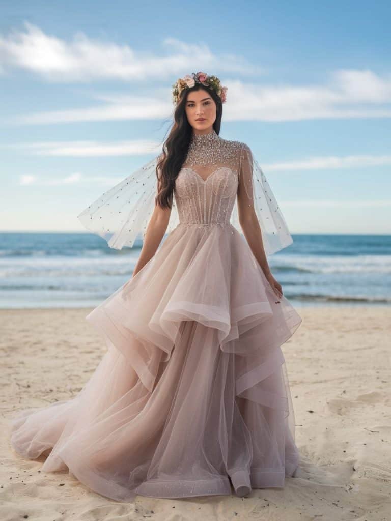 Ethereal high-neck wedding dress with lightweight tulle and an embellished neckline, perfect for a dreamy beach wedding