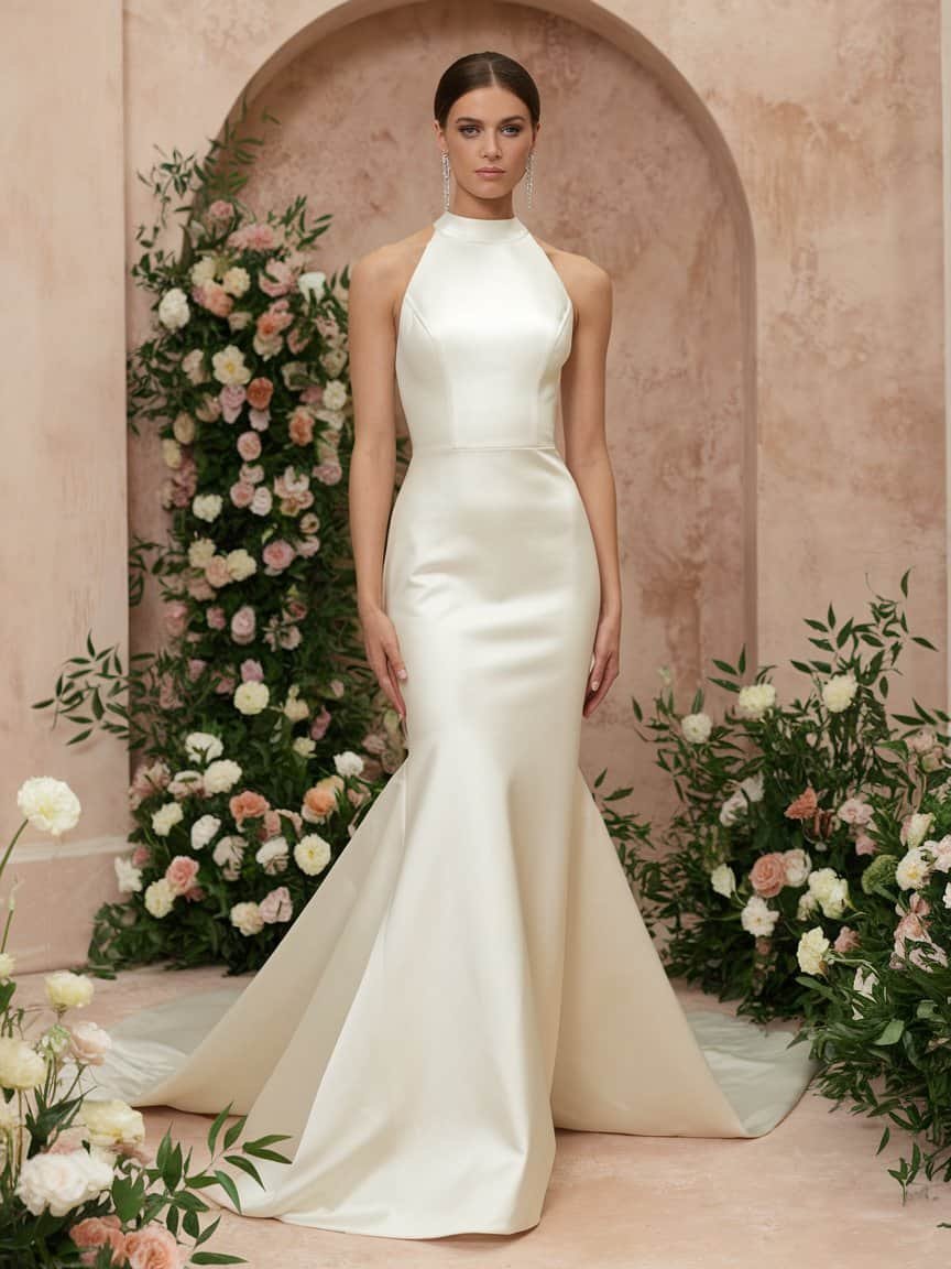 Sleek high-neck wedding dress with clean lines, satin fabric, and elegant back detail for a minimalist bridal look